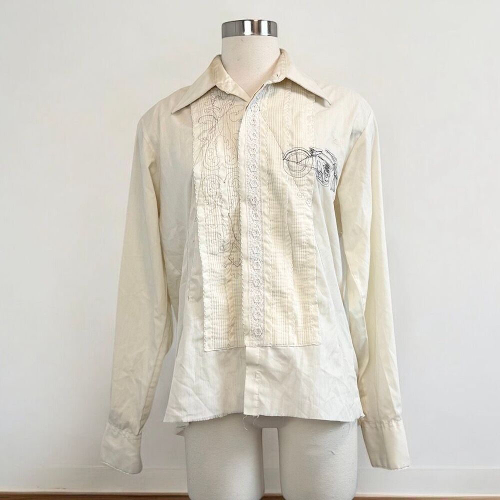 Vintage After Six Cream Tan 70s Dagger Button Up Shirt Top Bowling Shirt Medium